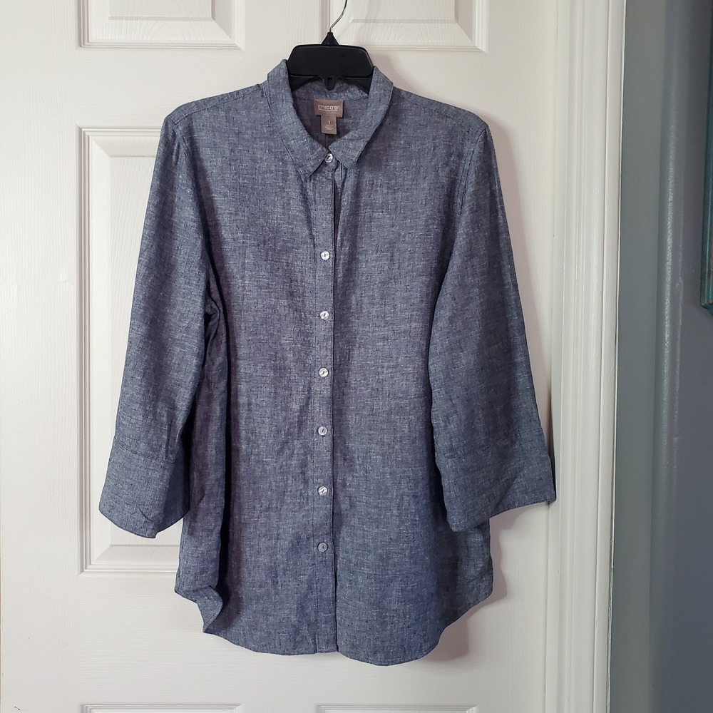 Chicos Tunic Blouse Blue Linen Button Up 3/4 Sleeve Breathable Oversized Size 8